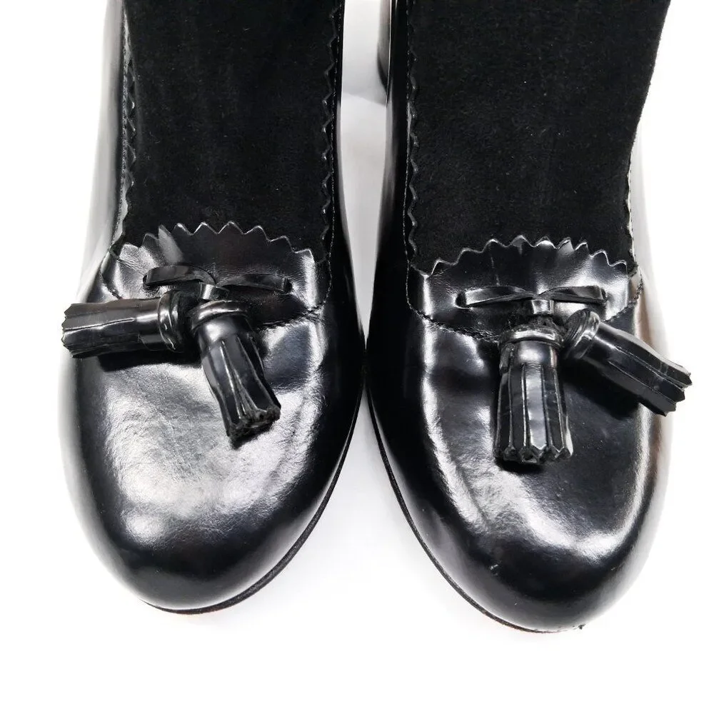 Robert Clergerie Paris Black Leather Sock Boot Heels Tassel Scallop Y2K SZ 7